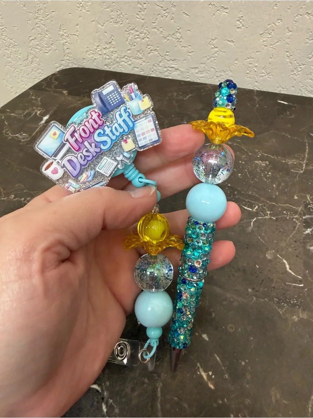 Flower Front Desk Staff Blue Rhinestone Beaded Pen Matching Badge Reel Handmade